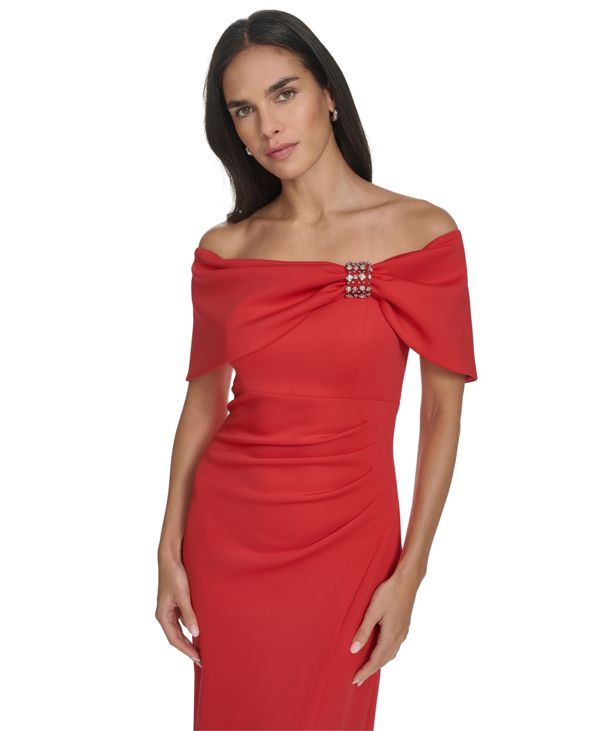 Jessica Howard Petite Embellished Off-the-shoulder Gown In Red