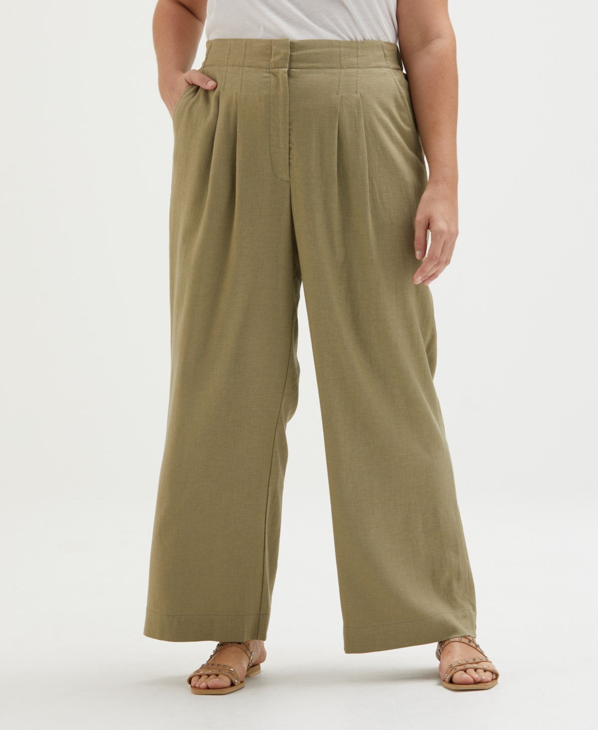 ELLA RAFAELLA PLUS SIZE LINEN BLEND PLEATED WIDE LEG PANTS 