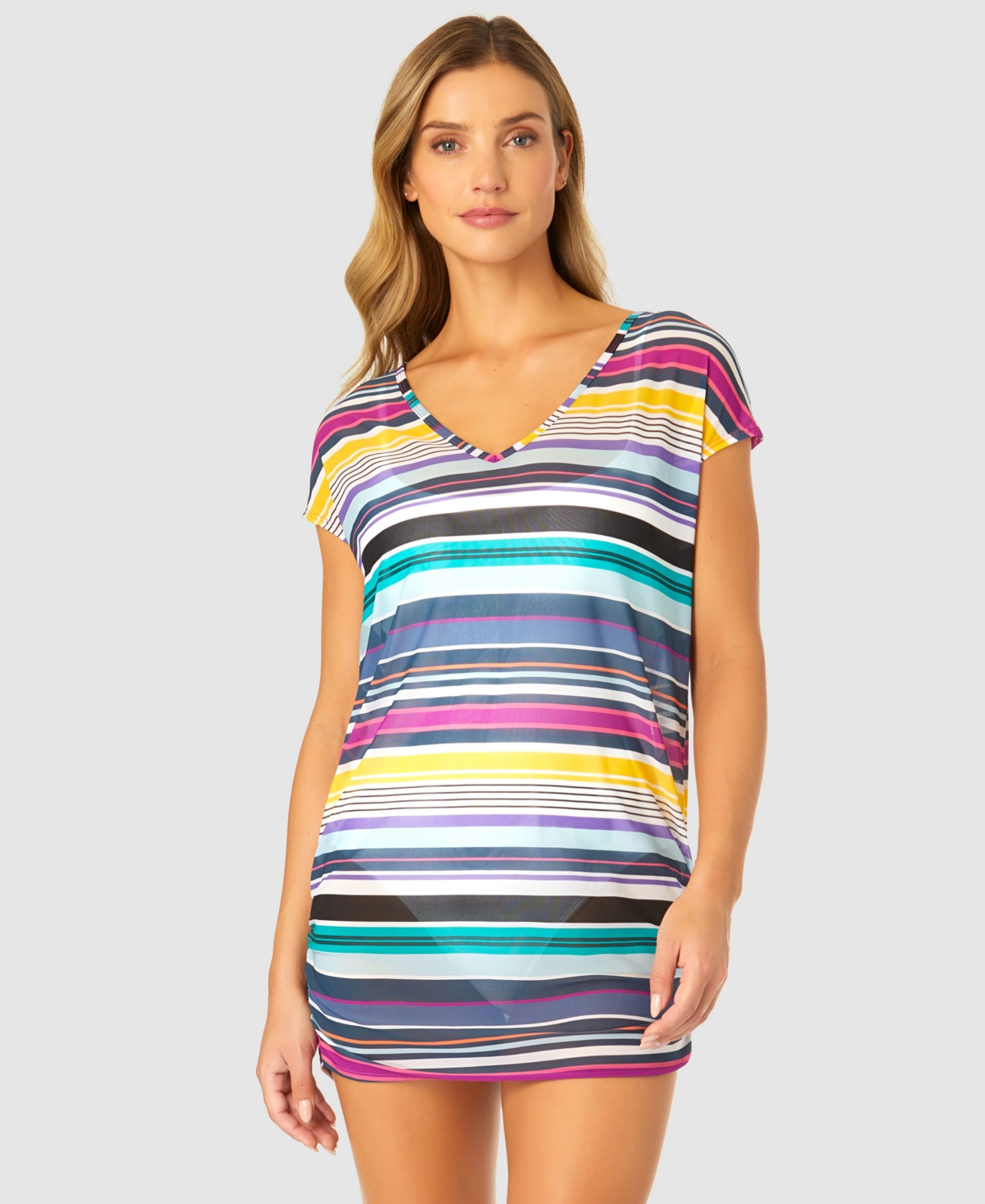 ANNE COLE WOMEN'S BARCODE STRIPE MESH T-SHIRT SWIM COVER-UP 