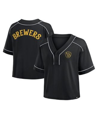Fanatics - Women's Black Milwaukee Brewers Oversized Champ Game Midi Cropped V-Neck T-Shirt