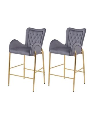   Set of 2  Velvet Upholstered, Tufted Armchairs, Gold Metal Legs   Elegant Design Bar Stools