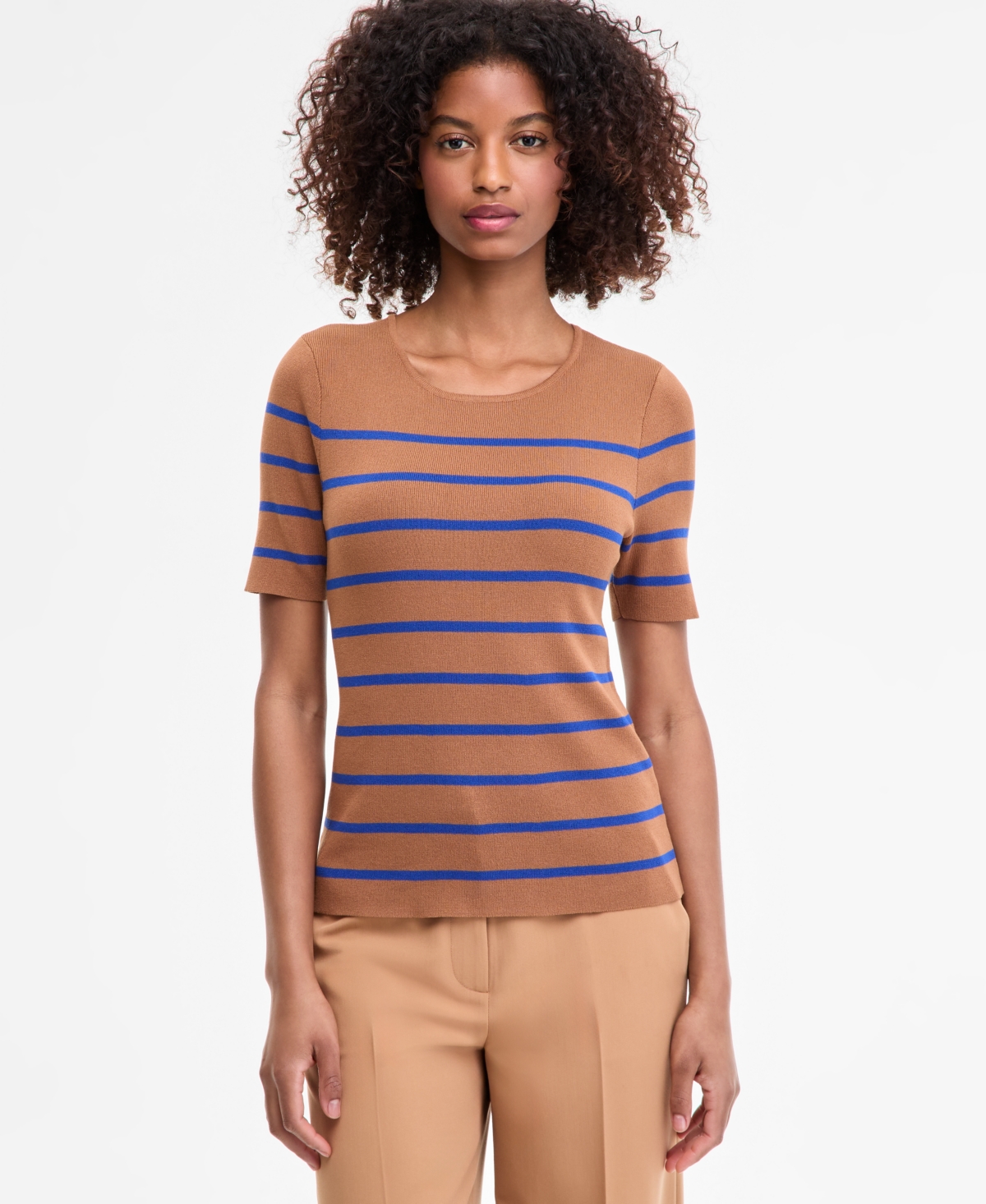 Women's Striped Short-Sleeve Sweater - Camel New Royal