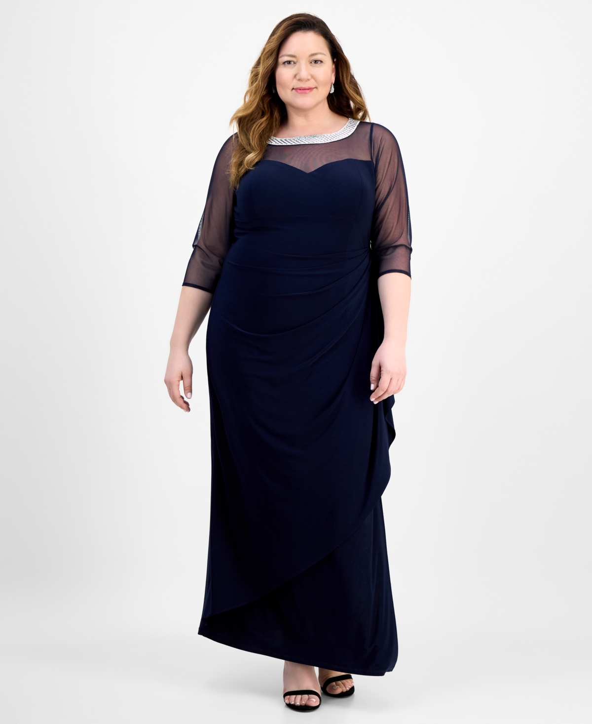 Plus Size Illusion-Trim Ruffled Gown - Navy