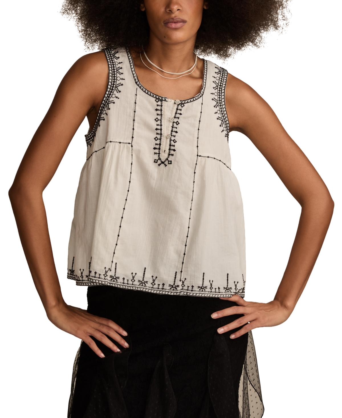 Women's Cotton Embroidered Henley Racer Tank Top - Tofu