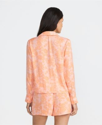 Women's Matte Satin 2 Piece Pajama Set - Long Sleeve Top and Shorts