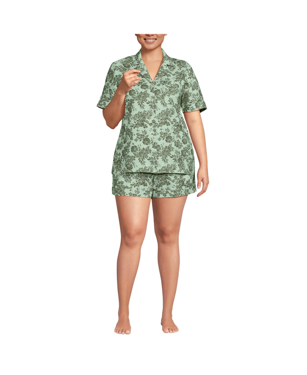 Women Plus Size Linen 2 Piece Pajama Set - Short Sleeve Top and Shorts - Icy mint green romantic floral