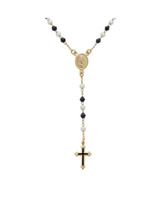 Dainty Black & White Pearl Virgin Mary Rosary Necklace with Cross Gold Plated