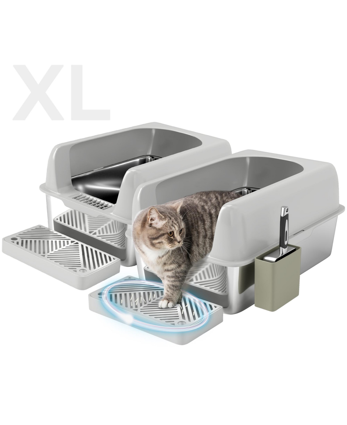 PawHut 2 Pack Stainless Steel Litter Box with Metal Scoop & Scoop Holder