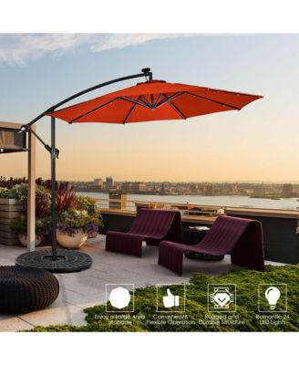 10Ft Patio Solar LED Outdoor Offset Hanging Umbrella with 24 LED Lights