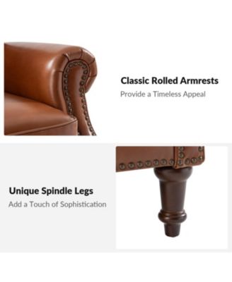 Wajeeh 33"W Mid-Century Modern Buttery Genuine Leather Accent Chair With Solid Wood Legs