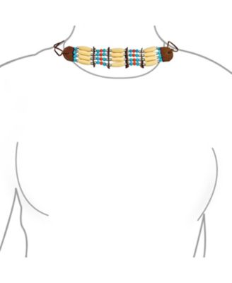 Boho Handmade 3 Row Line Bead Natural Wood Leather Tribal Wide Choker Necklace Adjustable