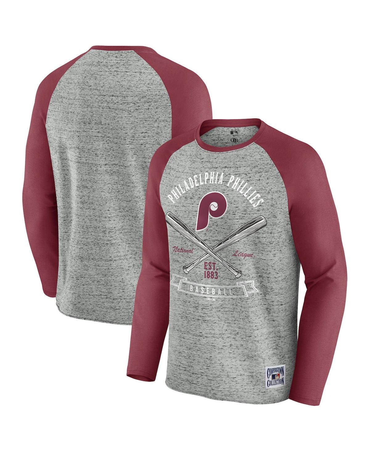 FANATICS MEN'S HEATHER GRAY PHILADELPHIA PHILLIES RAW EDGE RAGLAN LONG SLEEVE BASEBALL T-SHIRT 