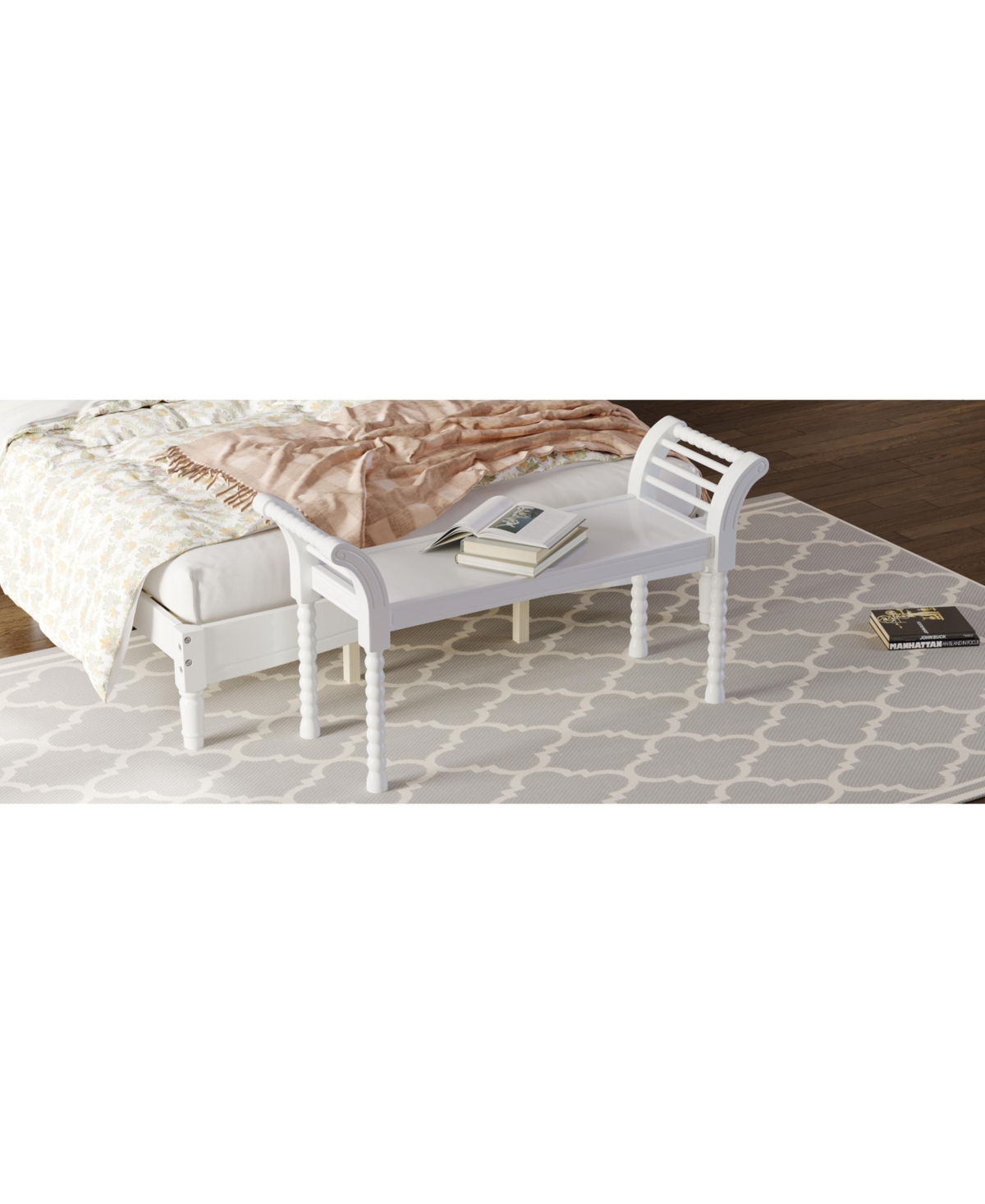 Streamdale Elegant Retro Style Bench with Turned Legs, Bed End Bench for Bedroom or Living Room Decor, White