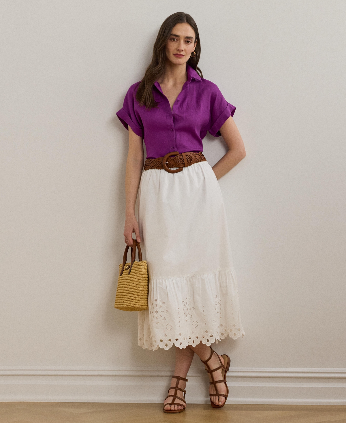 Ralph Lauren Women's Eyelet Cotton Broadcloth Midi Skirt
