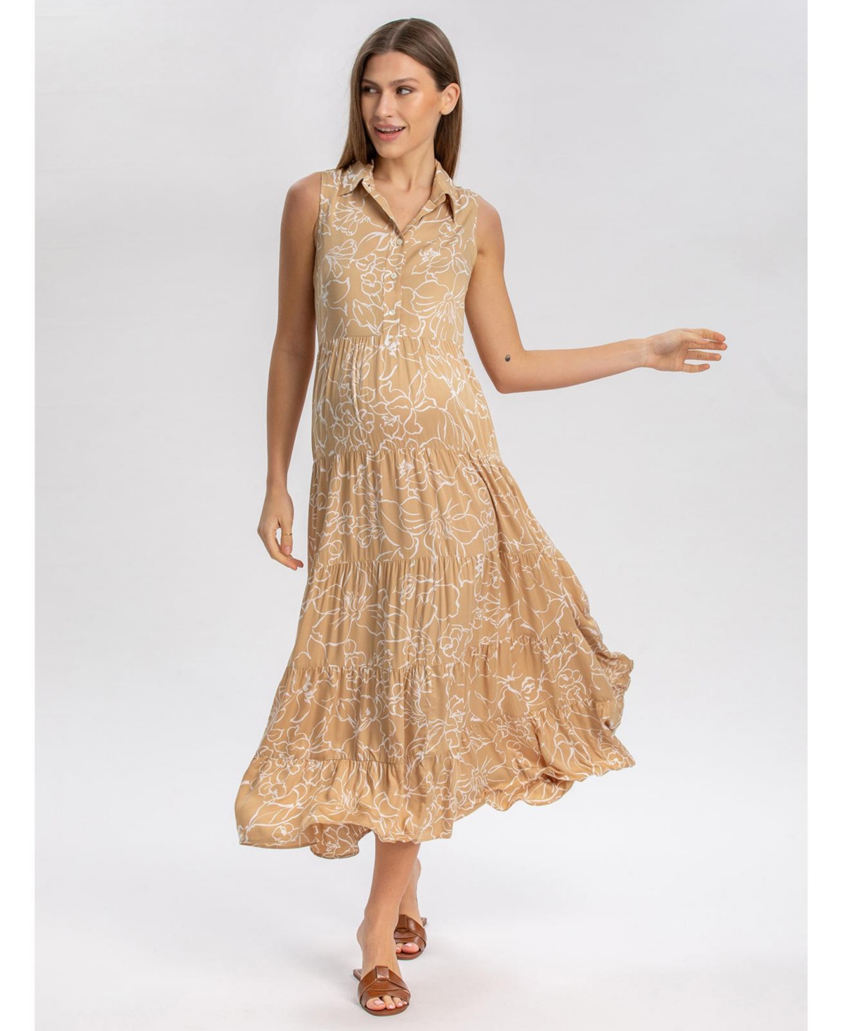 Maternity Sleeveless Shirt Collar Maxi Clara Dress - Sand fine lines