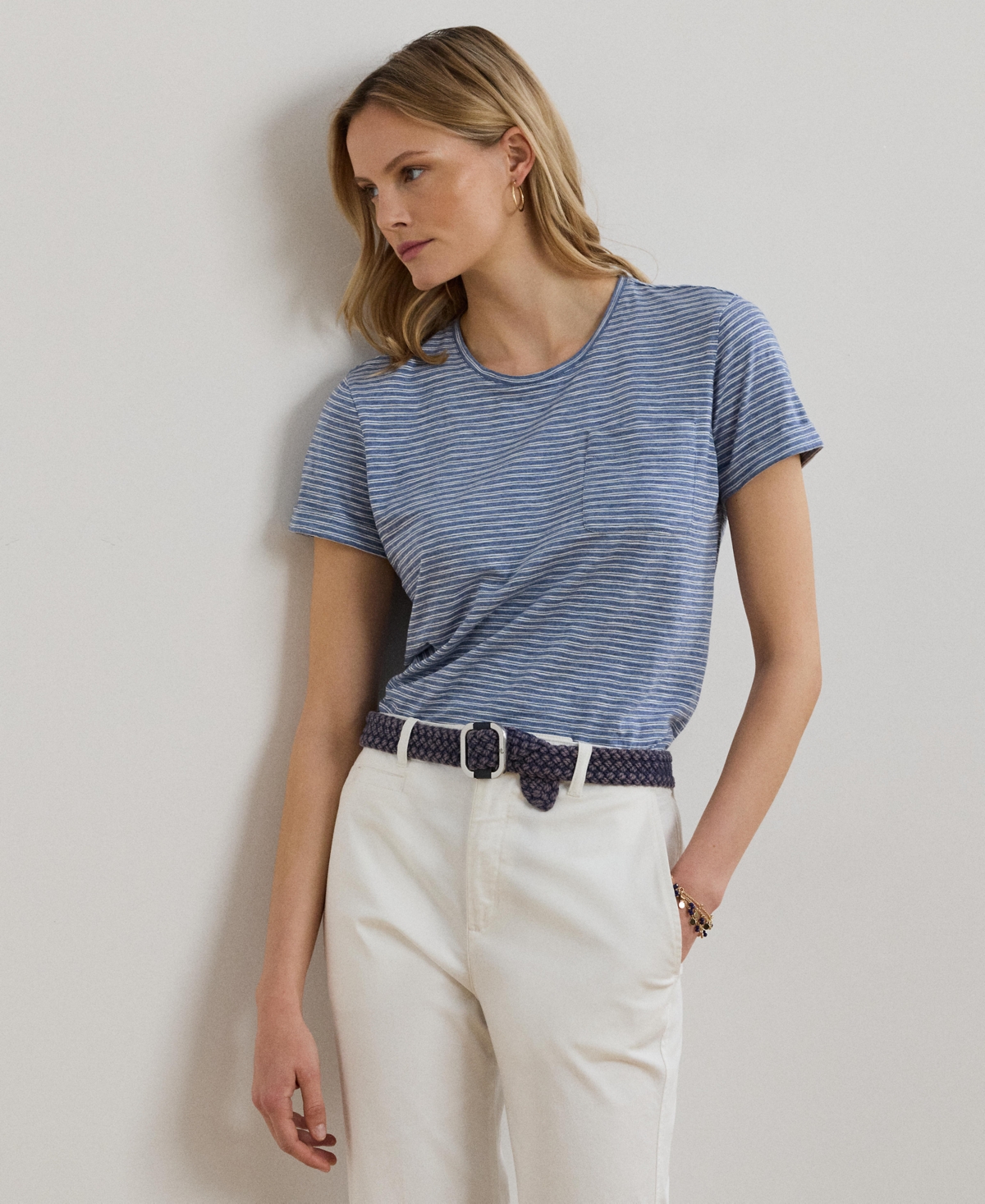 Women's Striped Cotton Slub Jersey Pocket Tee - Capri Blue Heather/White