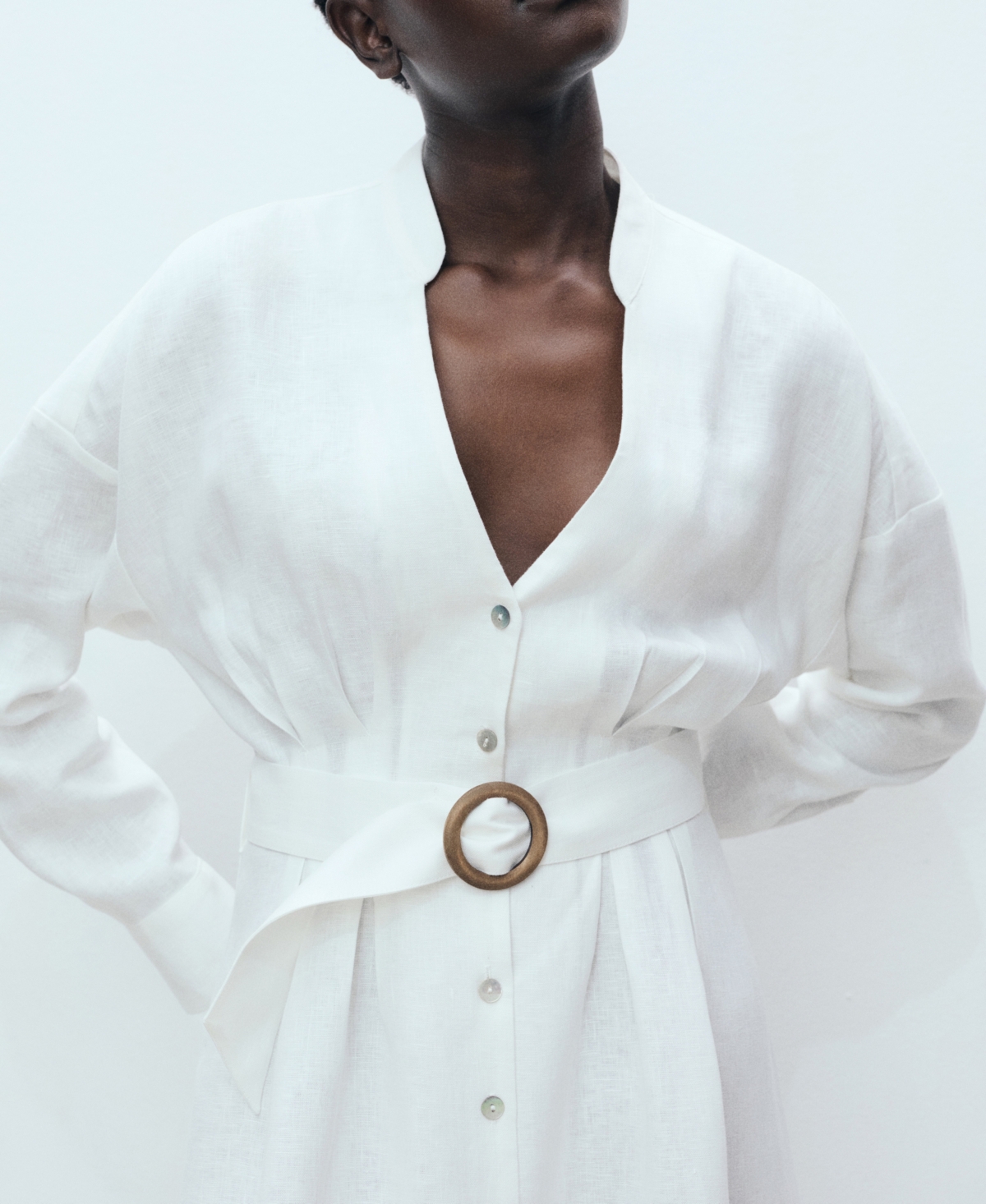 Mango Belted Long Sleeve Linen Shirtdress In White