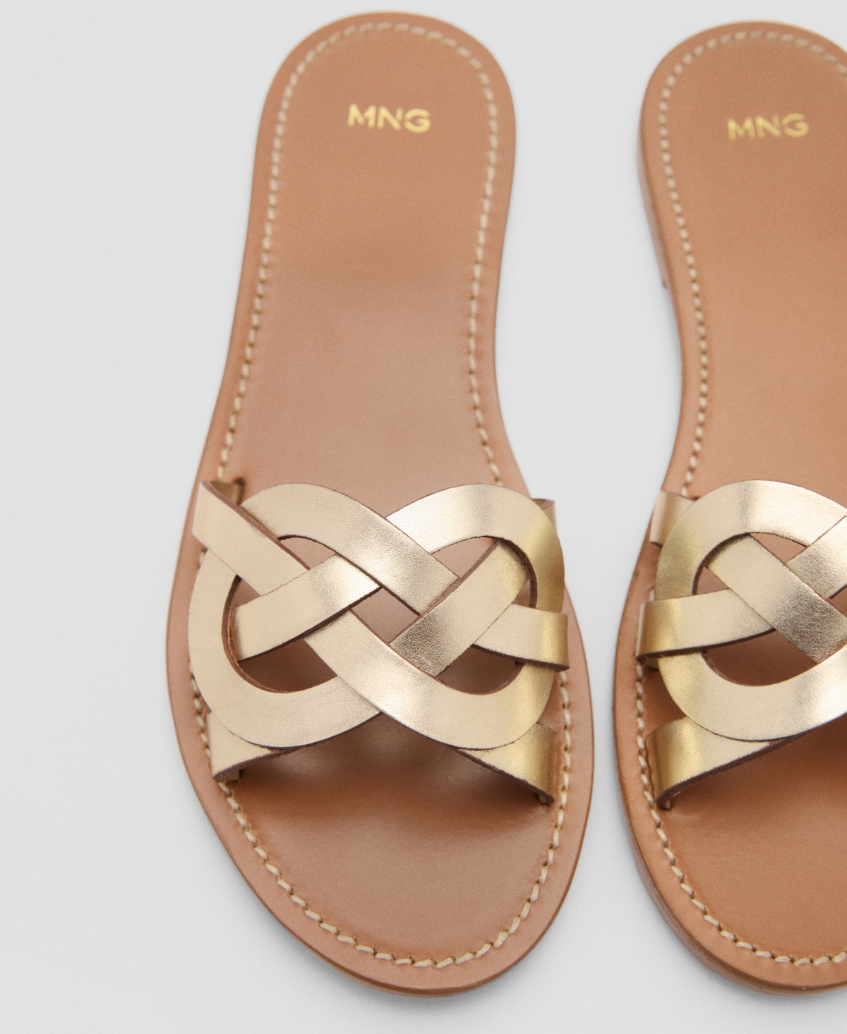 Mango Intertwined Strap Flat Leather Slide Sandal In Gold