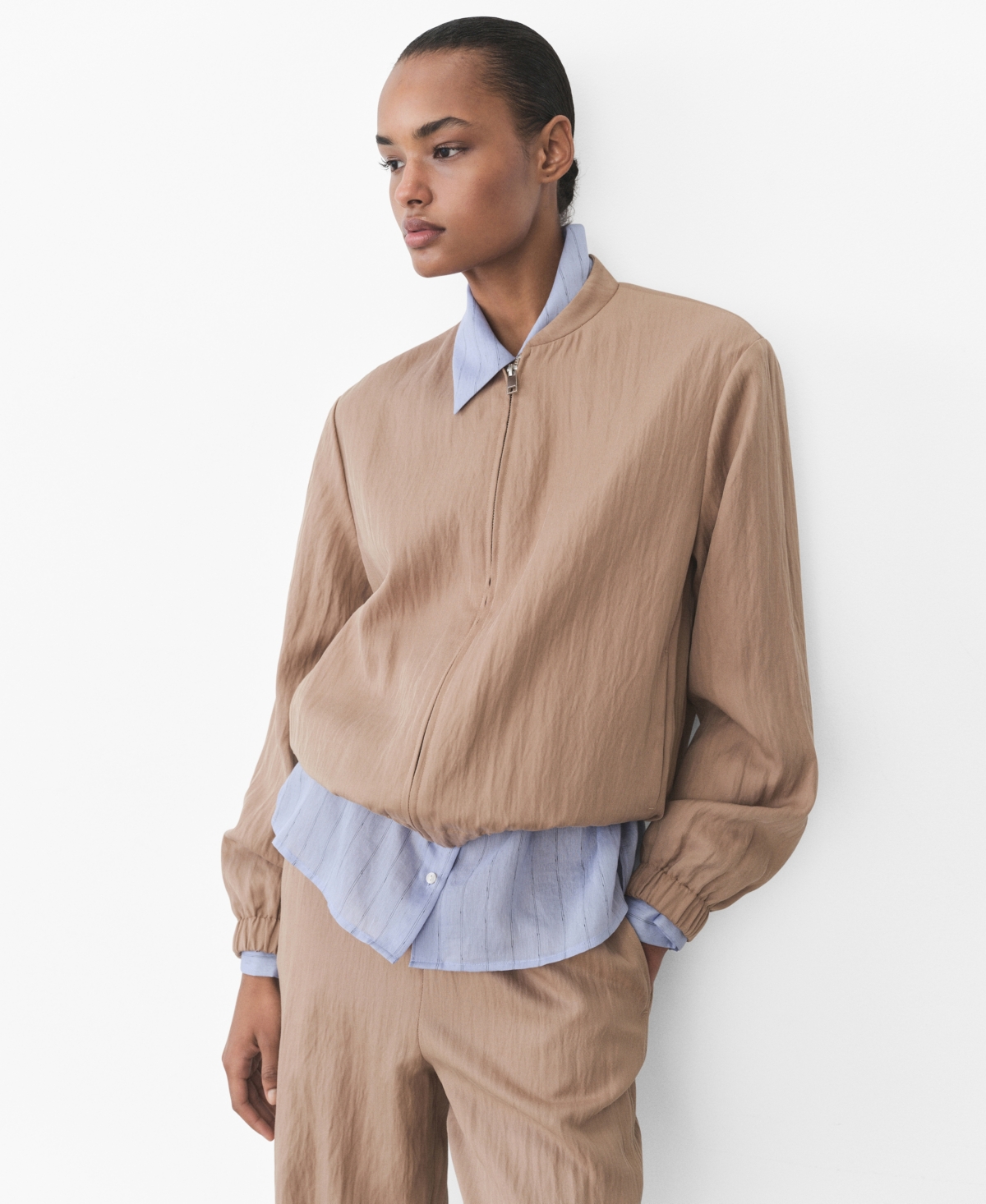 Mango Textured Bomber Jacket In Medium Brown