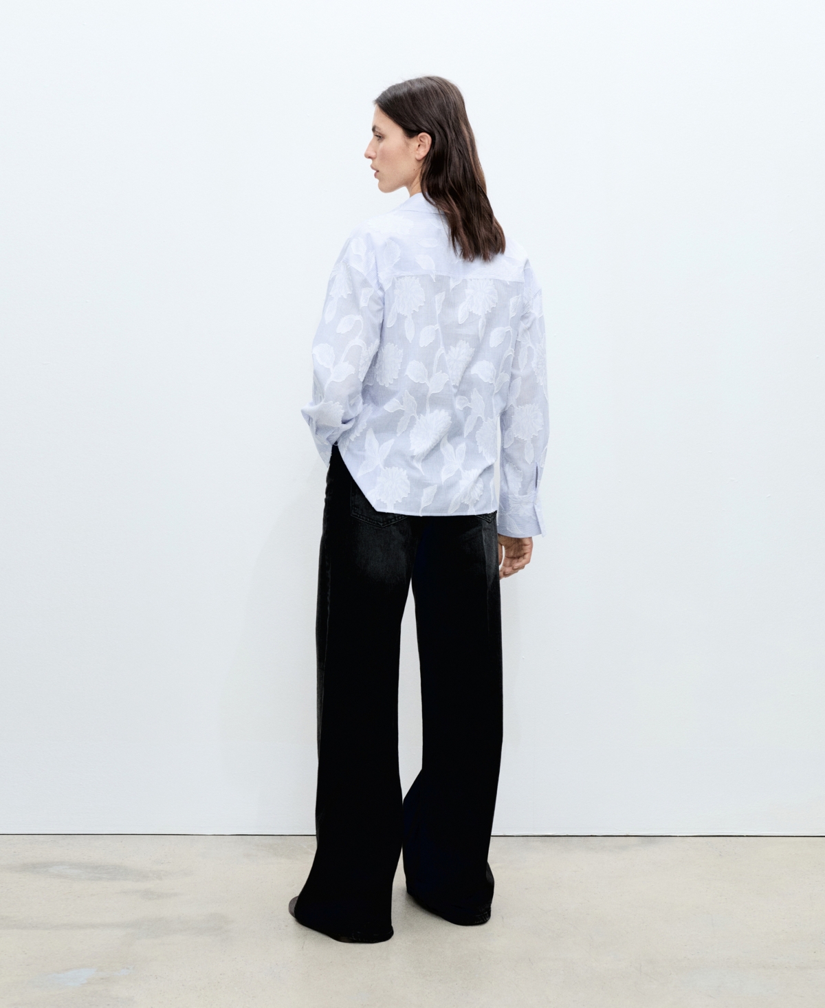 Mango Oversize Embroidered Floral Stripe Button-up Shirt In Sky Blue