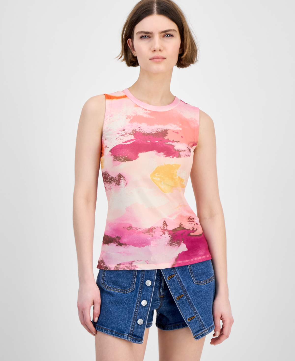Women's Printed Mesh Crewneck Sleeveless Top, Exclusively at Macy's - Addie Absrct A