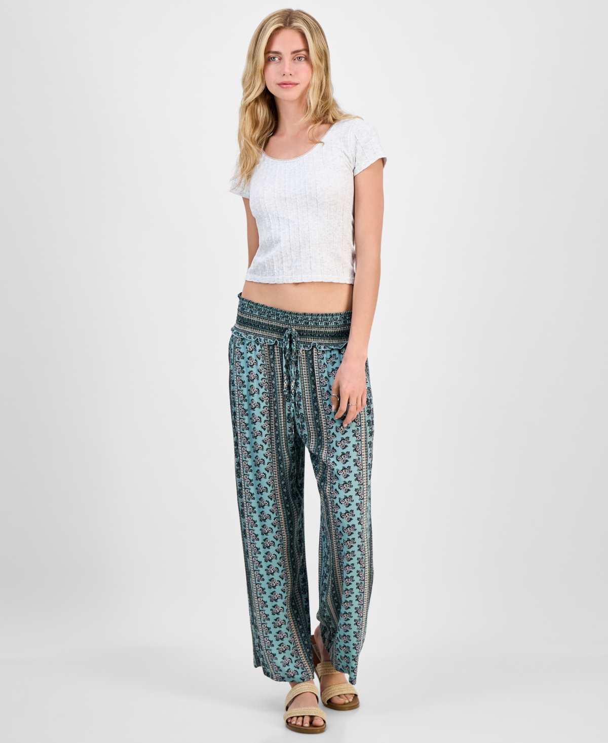 Juniors' Printed Cropped Wide-Leg Soft Pants - Green/Multi
