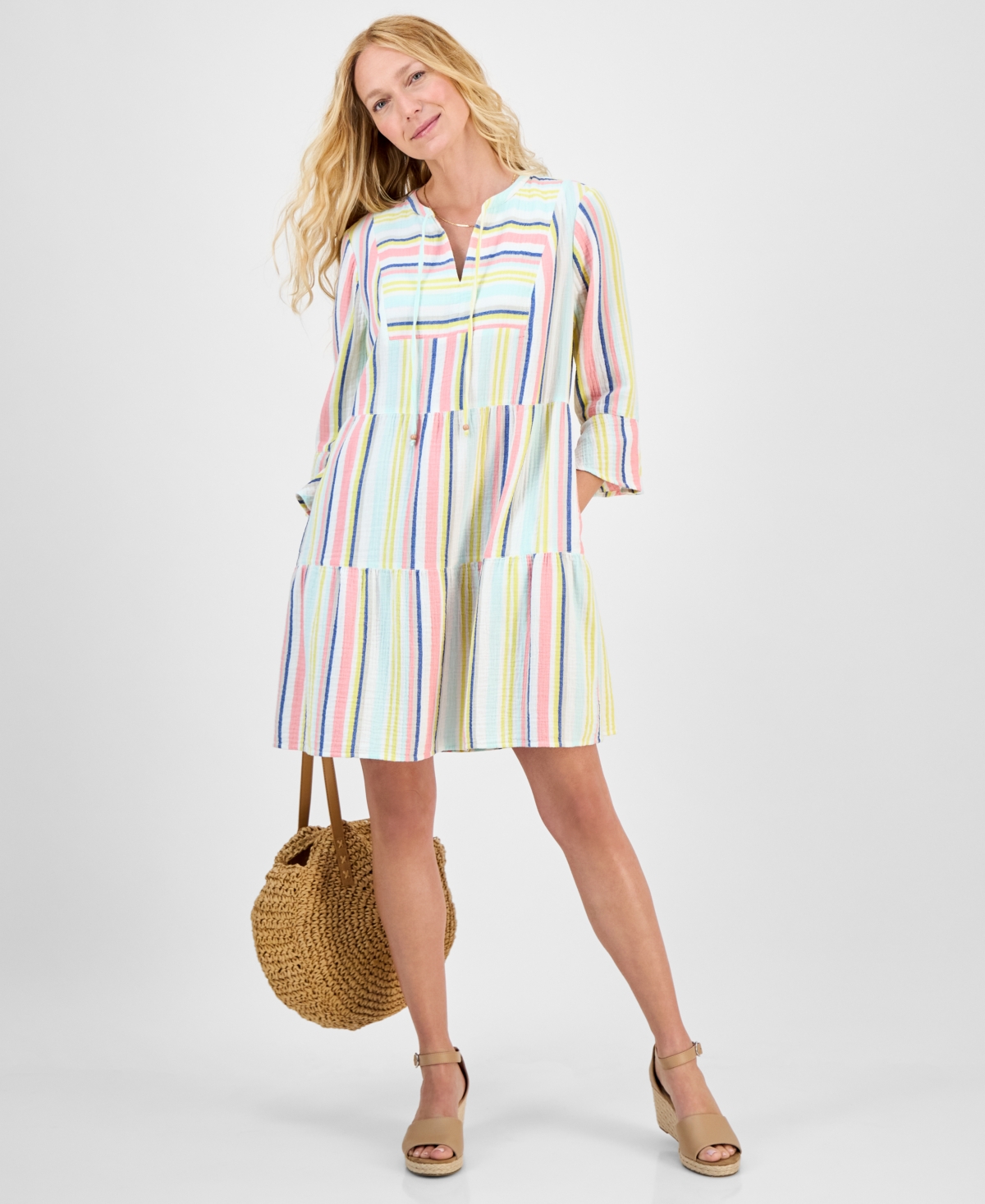 Style & Co Women's Striped Cotton Gauze Tiered Dress, Exclusively At Macy's
