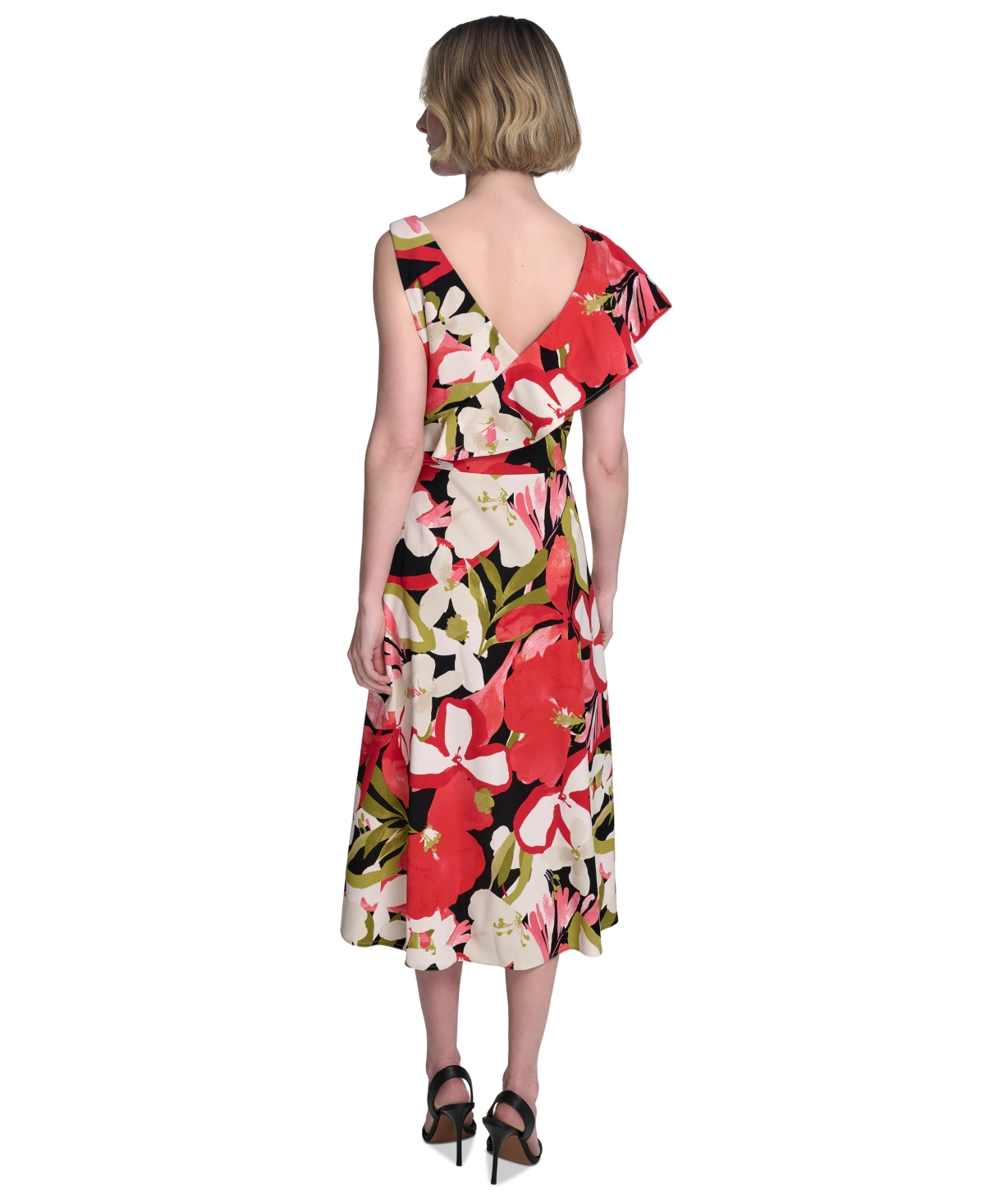 HALSTON WOMEN'S PRINTED ASYMMETRIC RUFFLED MIDI DRESS 