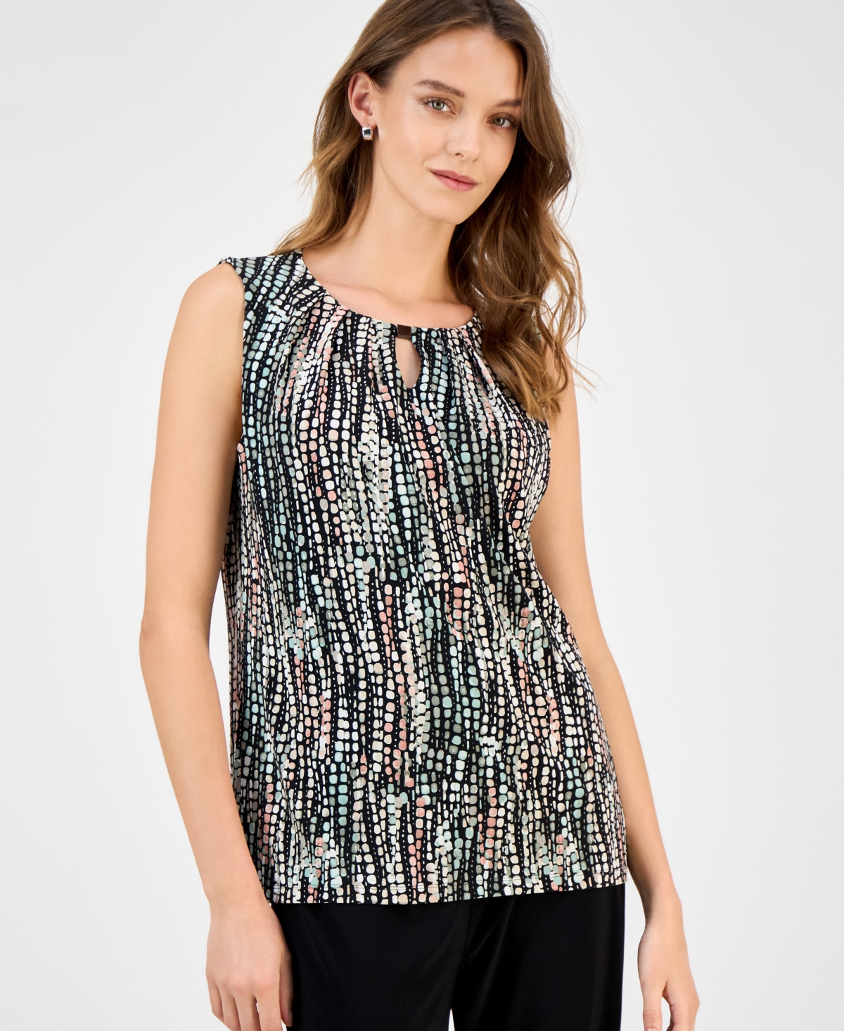 Women's Printed Keyhole Sleeveless Top, Regular & Petite - Black Multi