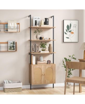 71 Inch 6-Tier Wall Mounted Ladder Bookshelf with Rattan Cabinet-Natural