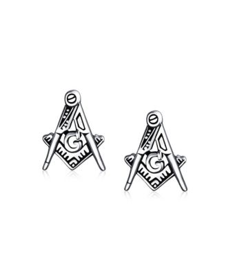 Set of 2 Masonic Freemason Stud Earrings and Brooch Pin in Sterling Silver