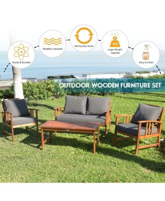 4PCS Wooden Patio Furniture Set Table Sofa Chair Cushioned Garden