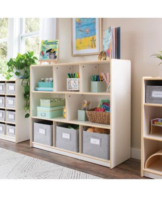 EdQ 3-Shelf 8-Compartment Storage 36" - Natural: Kids' Wooden Cubby Cube Bookshelf with Bins for Toys and School Supplies