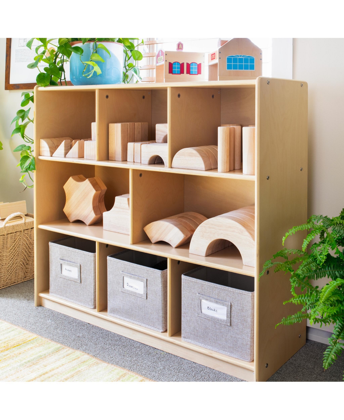 Guidecraft EdQ 3-Shelf 8-Compartment Storage 36" - Natural: Kids' Wooden Cubby Cube Bookshelf with Bins for Toys and School Supplies