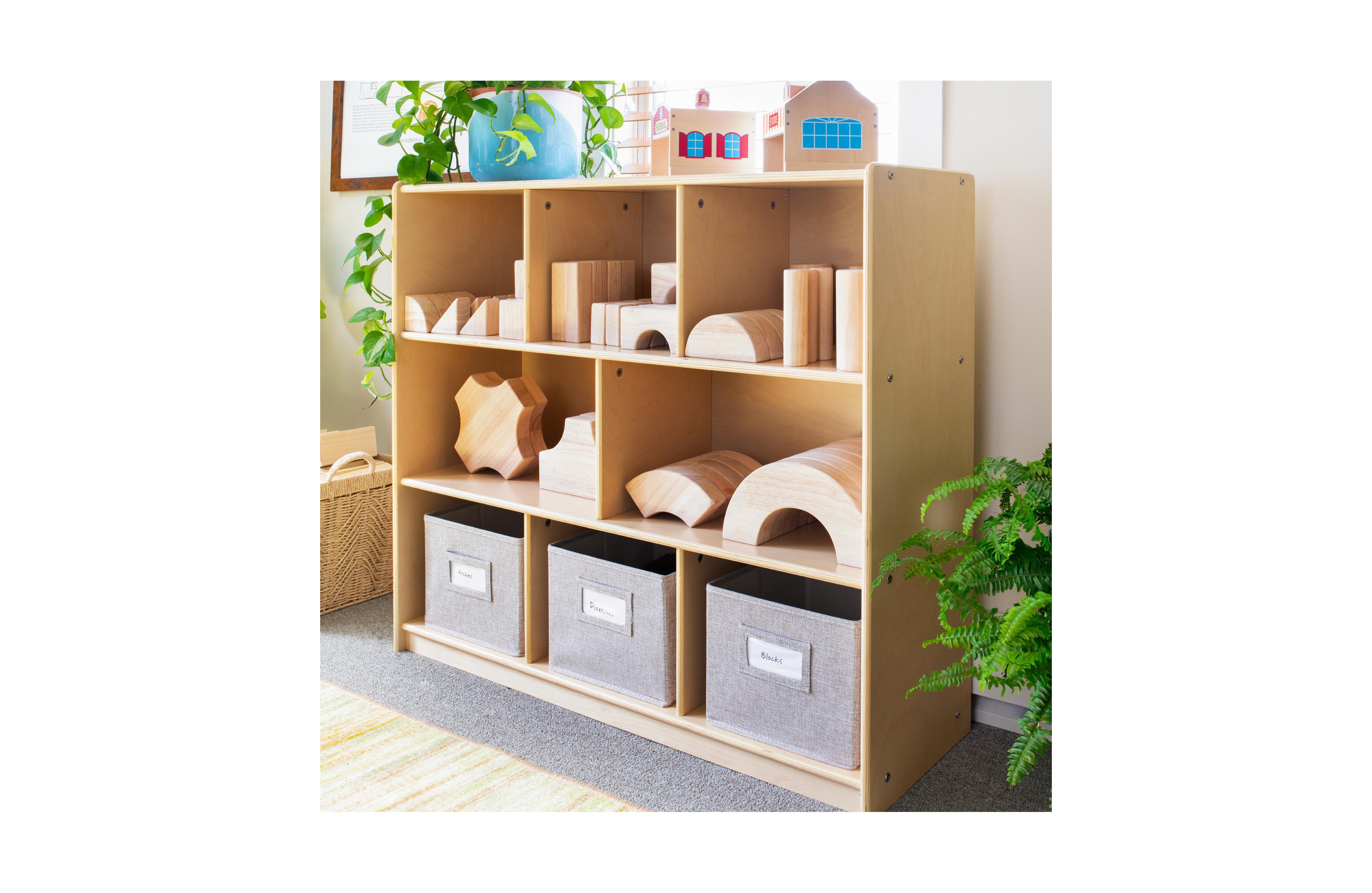 Guidecraft EdQ 3-Shelf 8-Compartment Storage 36" - Natural: Kids' Wooden Cubby Cube Bookshelf with Bins for Toys and School Supplies