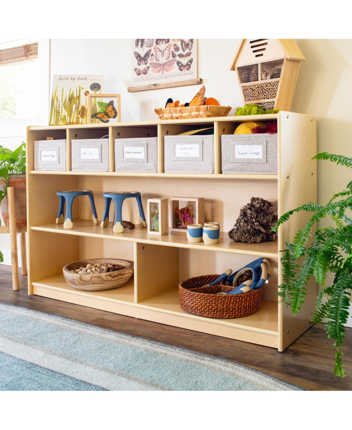 Guidecraft EdQ Shelves and 5 Bin Storage Unit 30" - Natural: Children's Wooden Toy Organizer for Kids' Bedrooms Playrooms