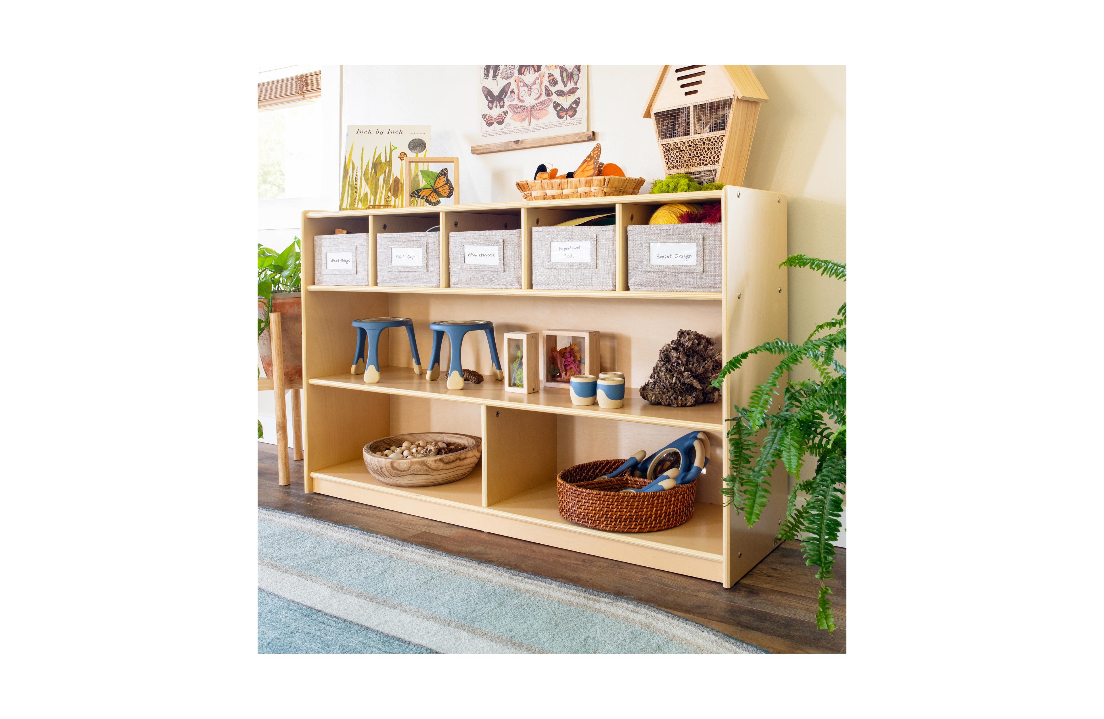 Guidecraft EdQ Shelves and 5 Bin Storage Unit 30" - Natural: Children's Wooden Toy Organizer for Kids' Bedrooms Playrooms
