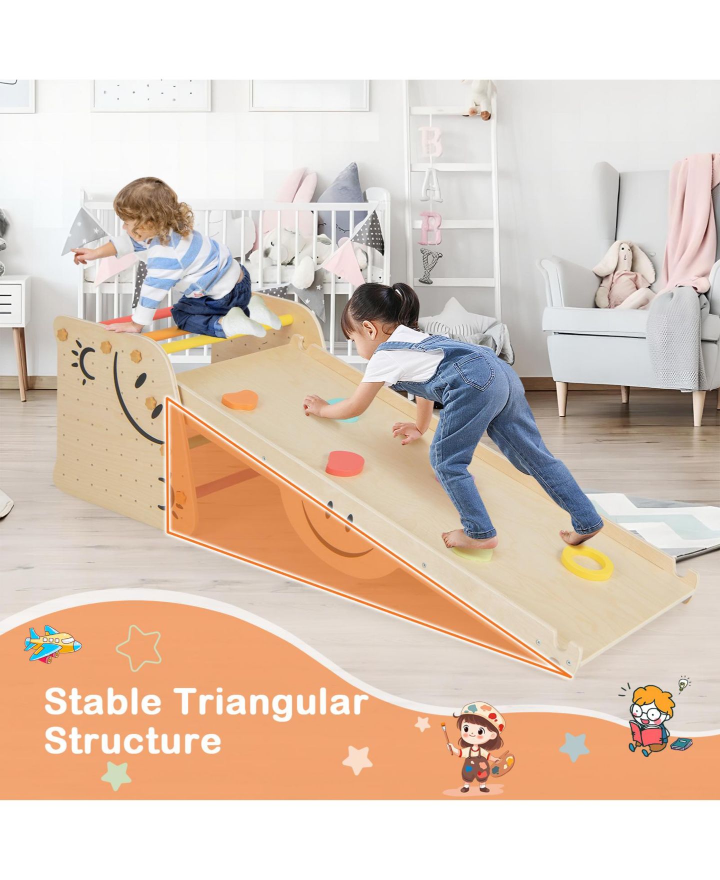 Детские фигурки GOUUN Wooden Climbing Toy Triangle Climber Set with Seesaw-Multicolor, цвет: Натуральный — фото 6