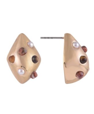 Gold Tone Dome Shape Drop Earrings with Pearl and Stone Accents