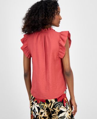 Petite V-Neck Flutter-Sleeve Blouse 