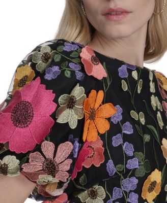 Petite Embroidered 3d-floral Puff-sleeve Shift Mini Dress
