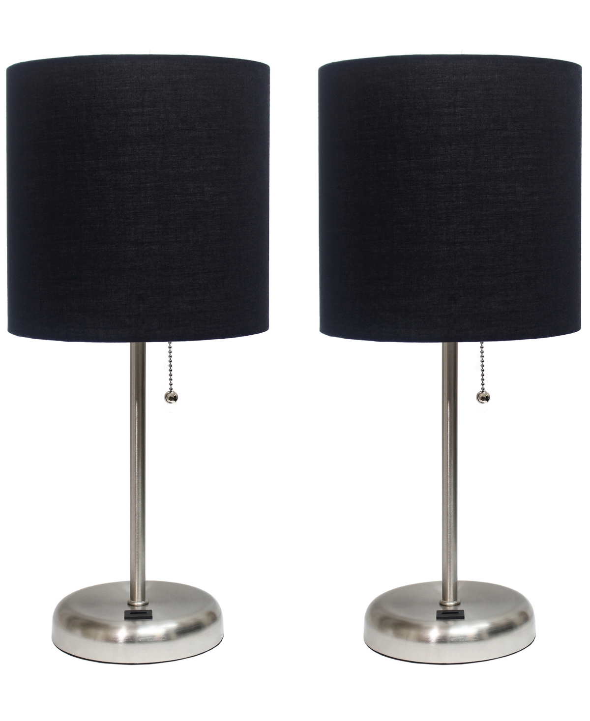 Creekwood Home 19.5" Metal Oslo Contemporary Bedside Duo Table Lamp Set In Brushed Steel,black Shade