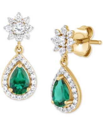 Macy's - Lab-Created Emerald (5/8 ct. t.w.) & Lab-Created White Sapphire (1/2 ct. t.w.) Pear Halo & Cluster Drop Earrings in
