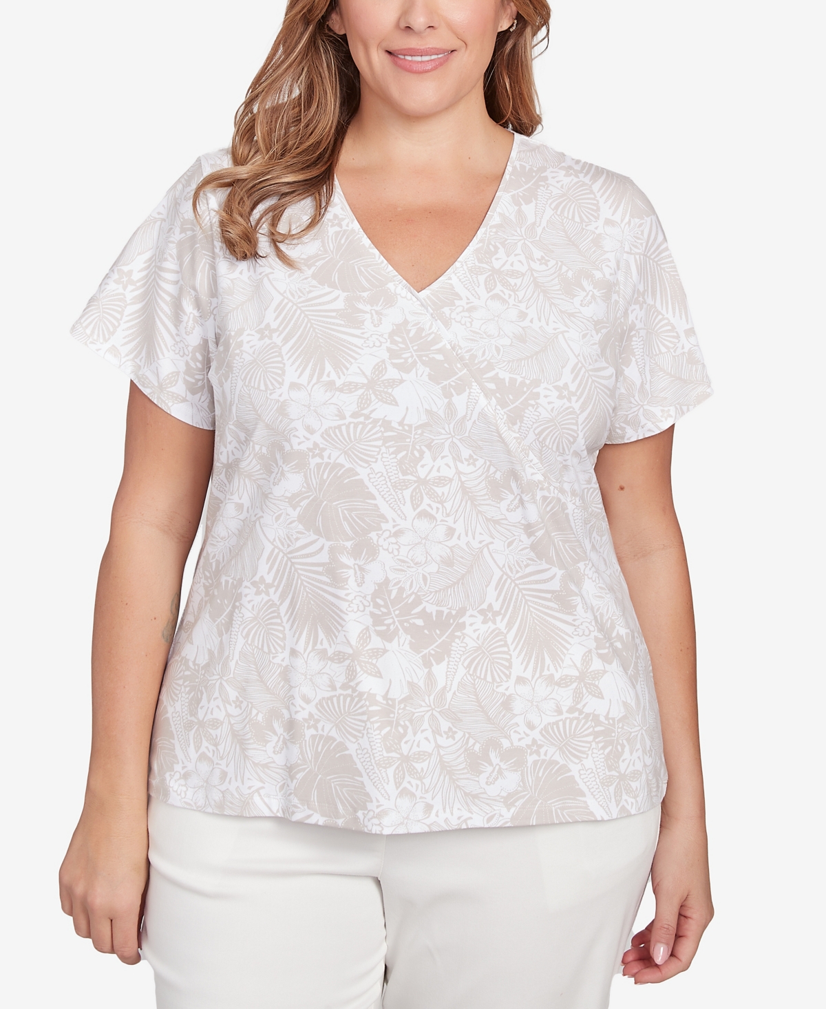 Plus Size Short Sleeve Surplice Top - Cobblestone Multi