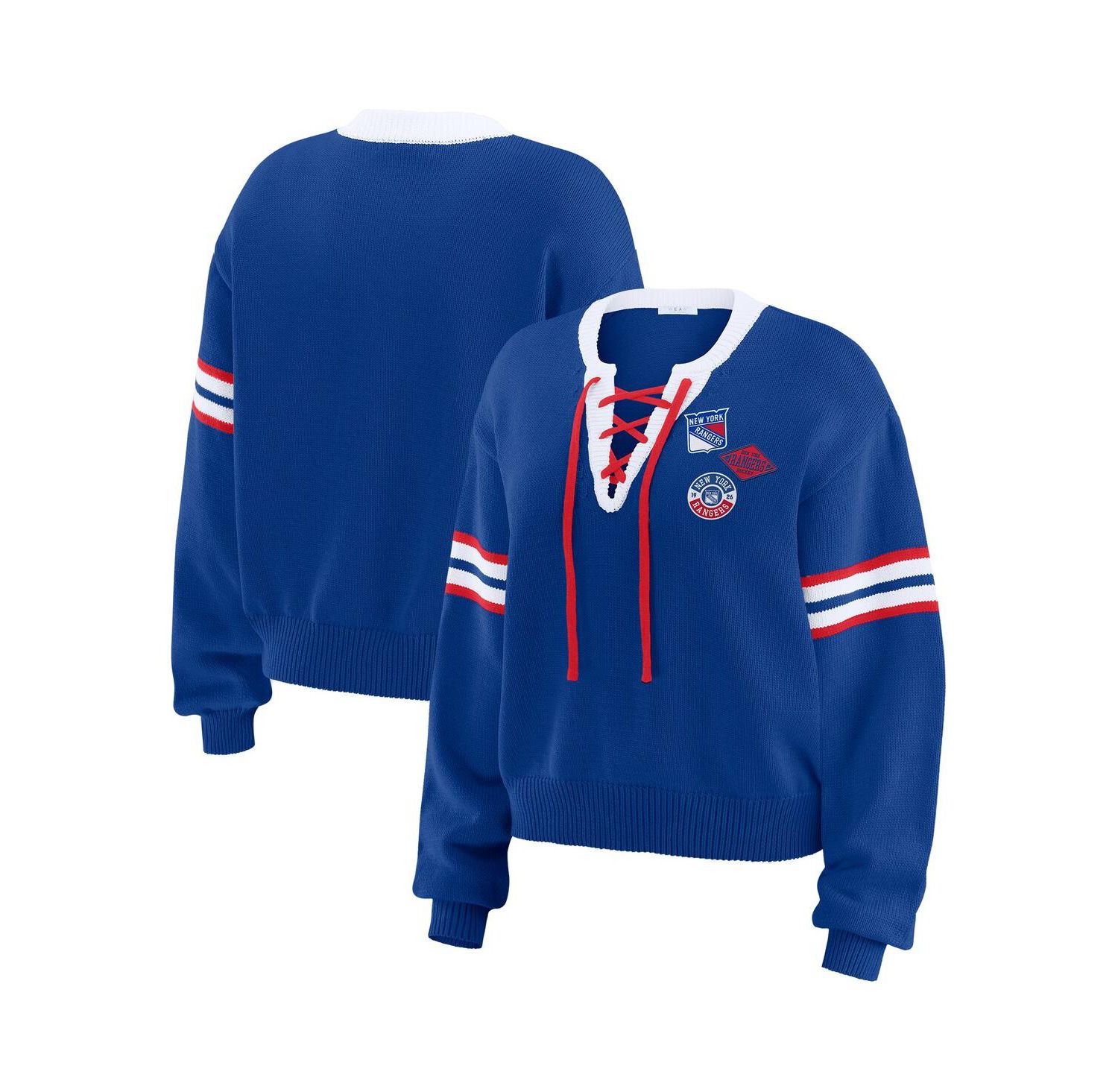 Wear By Erin Andrews Women's Blue New York Rangers Cropped Lace-Up Sweater