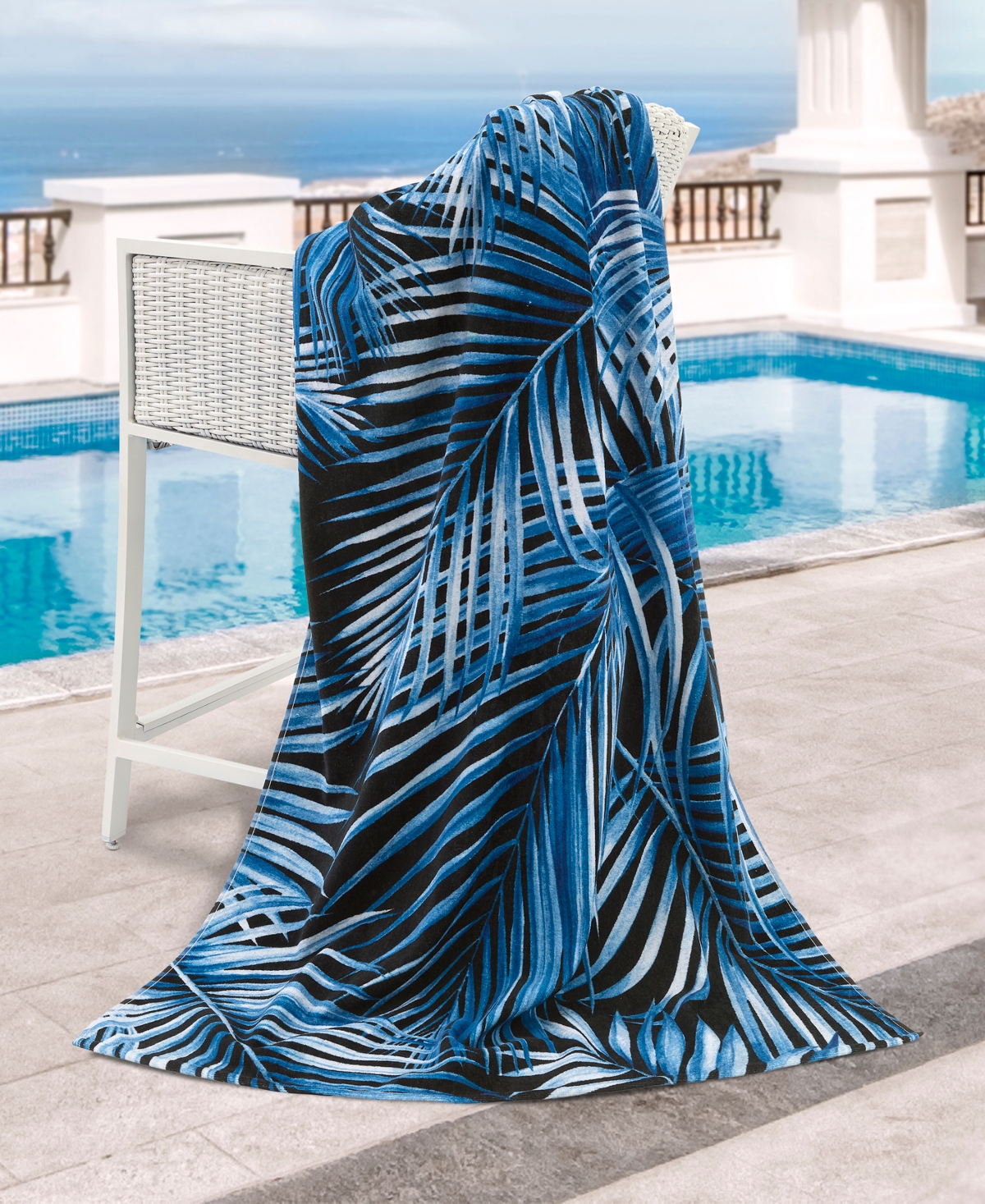 NICOLE MILLER PALM AZUL COTTON BEACH TOWEL, 68" X 36" 