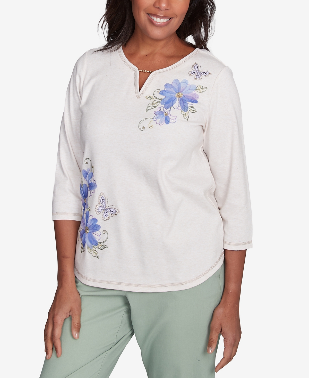 Alfred Dunner Petite Asymmetric Butterfly Floral Embroidered Top In White