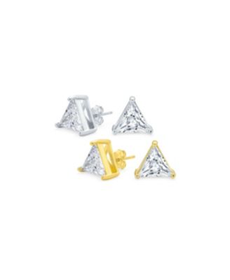 Set of 2 Triangle Clear Cubic Zirconia Stud Earrings Gold Plated Sterling Silver