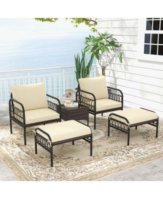 5 PCS Patio Conversation Set Outdoor Wicker Chair Set with Ottomans & Coffee Table