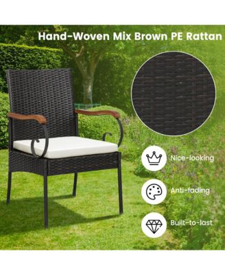 2PCS Patio PE Wicker Chairs Acacia Wood Armrests withSoft Zippered Cushion Garden